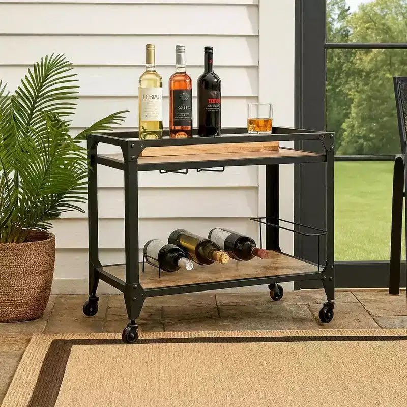 Industrial Metal Framed Serving Cart with Wooden Shelves and Wine Bottle Holder, Brown and Gray
