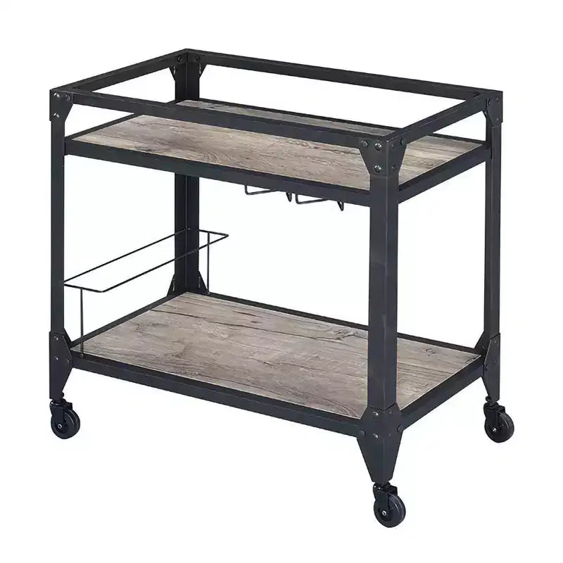 Industrial Metal Framed Serving Cart with Wooden Shelves and Wine Bottle Holder, Brown and Gray