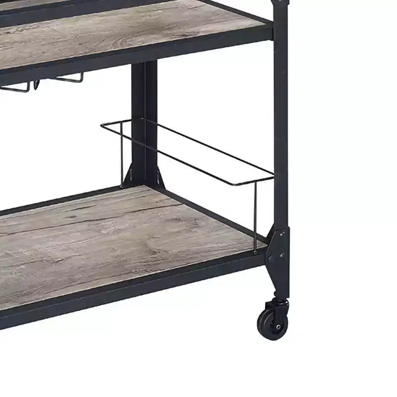 Industrial Metal Framed Serving Cart with Wooden Shelves and Wine Bottle Holder, Brown and Gray