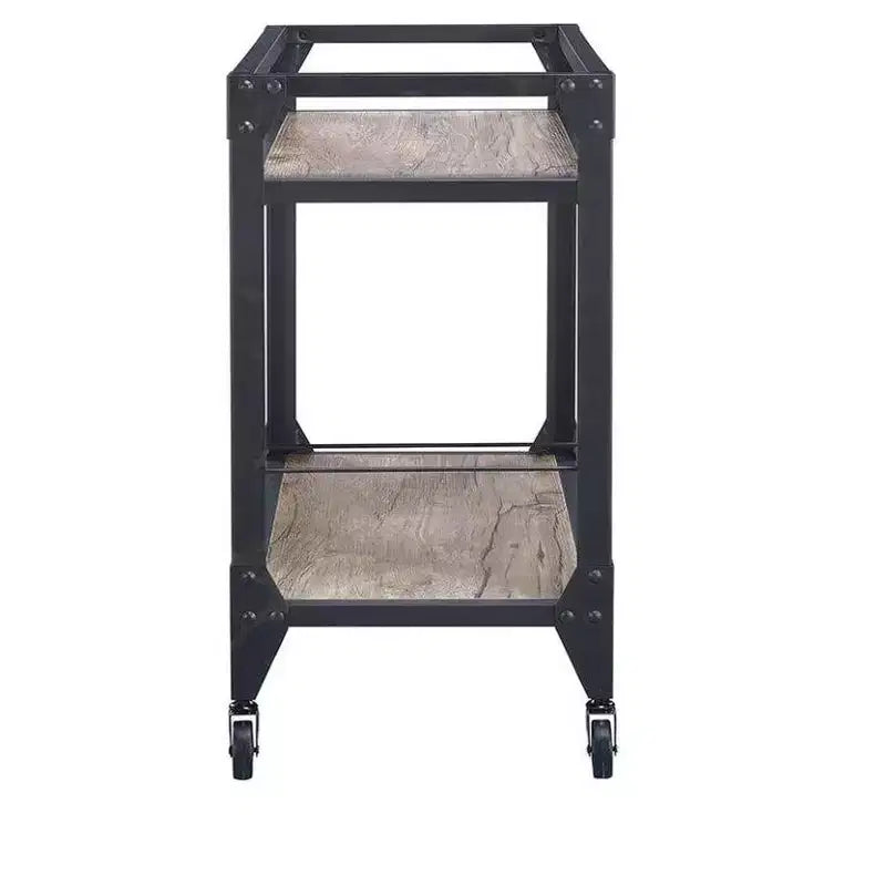 Industrial Metal Framed Serving Cart with Wooden Shelves and Wine Bottle Holder, Brown and Gray