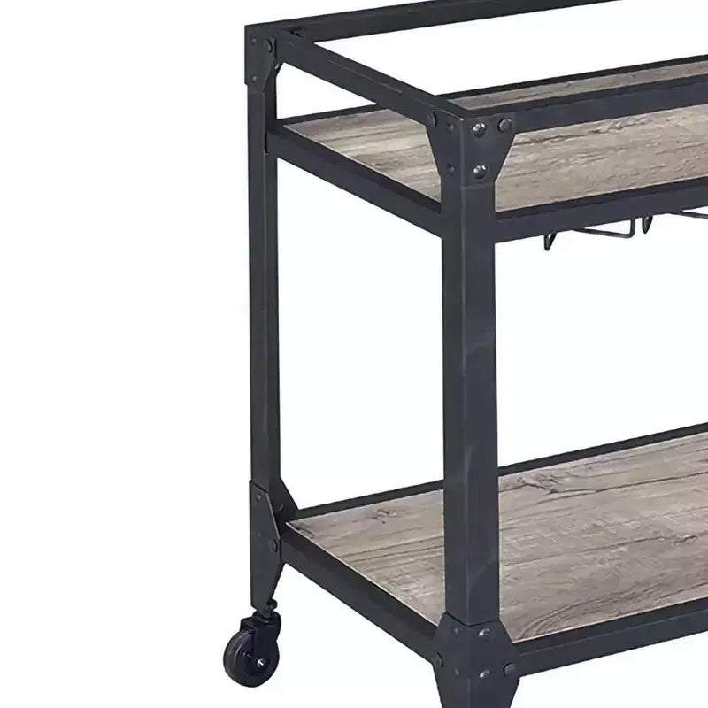Industrial Metal Framed Serving Cart with Wooden Shelves and Wine Bottle Holder, Brown and Gray