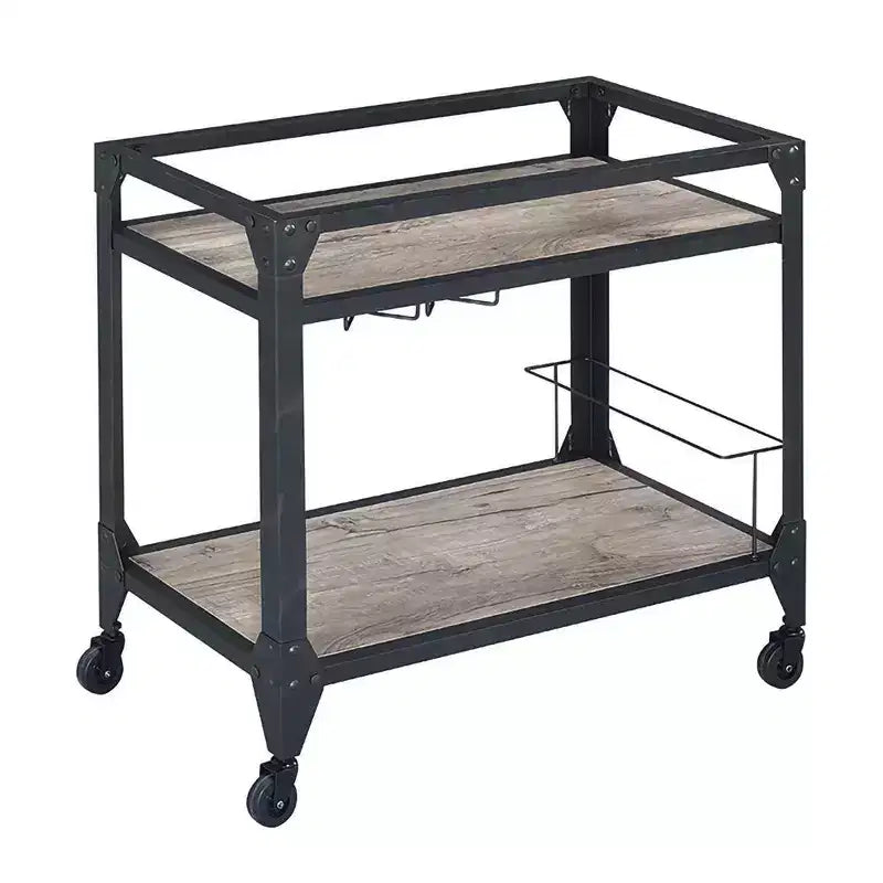 Industrial Metal Framed Serving Cart with Wooden Shelves and Wine Bottle Holder, Brown and Gray