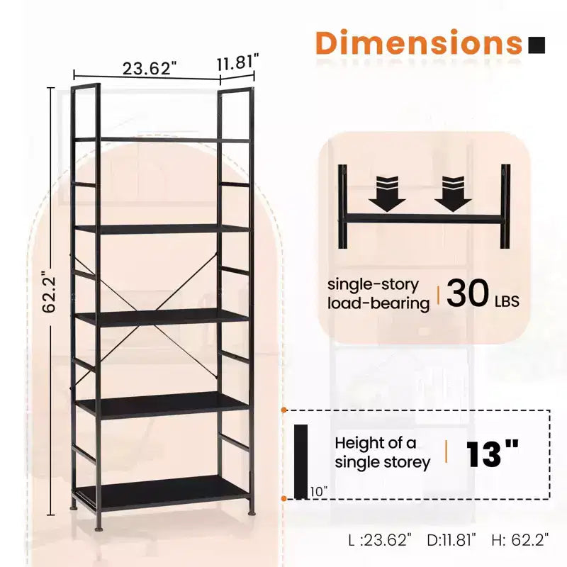 5-Tier Industrial Freestanding Tall Bookshelf Organizer, Open Storage Rack for Home Office and Bedroom