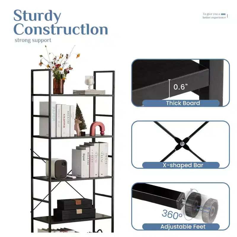 5-Tier Industrial Freestanding Tall Bookshelf Organizer, Open Storage Rack for Home Office and Bedroom