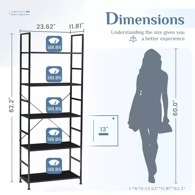 5-Tier Industrial Freestanding Tall Bookshelf Organizer, Open Storage Rack for Home Office and Bedroom