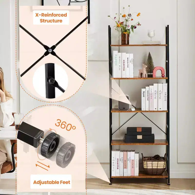 5-Tier Industrial Freestanding Tall Bookshelf Organizer, Open Storage Rack for Home Office and Bedroom
