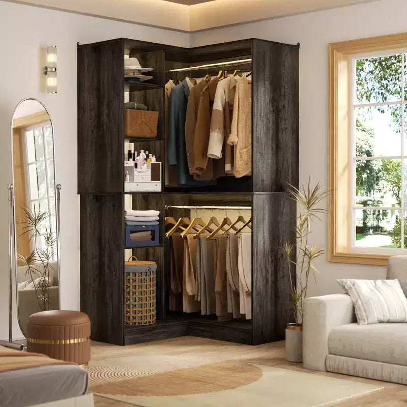 Freestanding Corner Closet Organizer with Tower Shelves and Dual Hanging Rods, Space-Saving