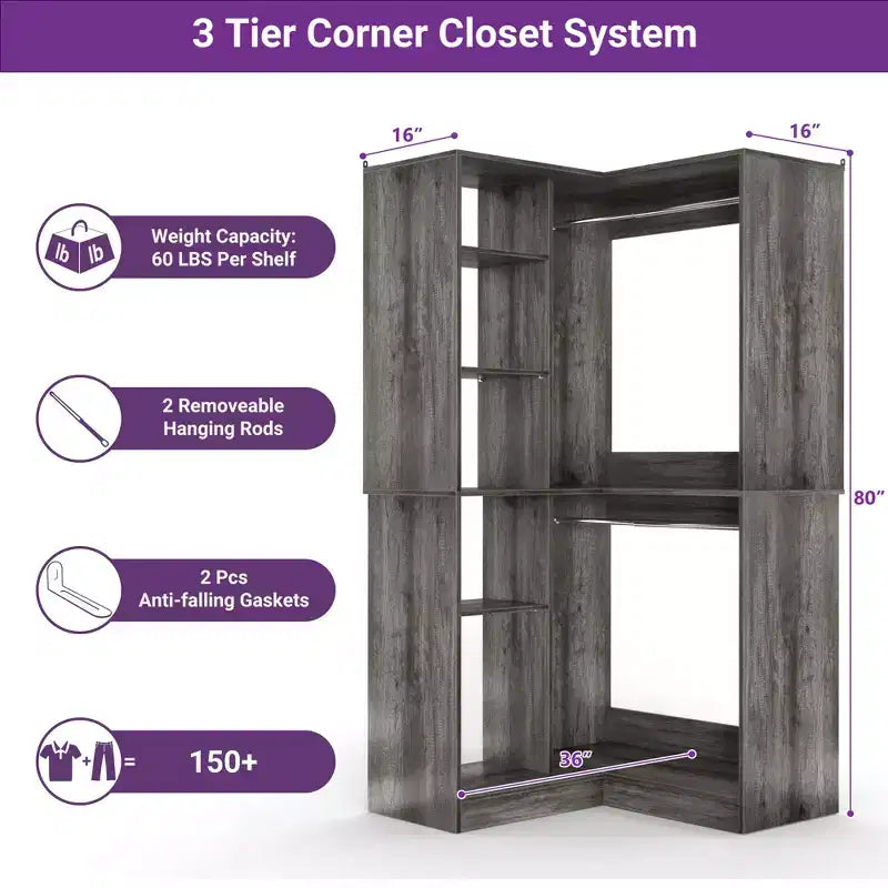 Freestanding Corner Closet Organizer with Tower Shelves and Dual Hanging Rods, Space-Saving