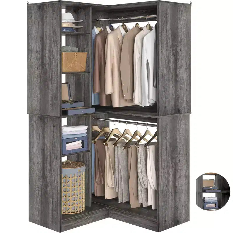 Freestanding Corner Closet Organizer with Tower Shelves and Dual Hanging Rods, Space-Saving