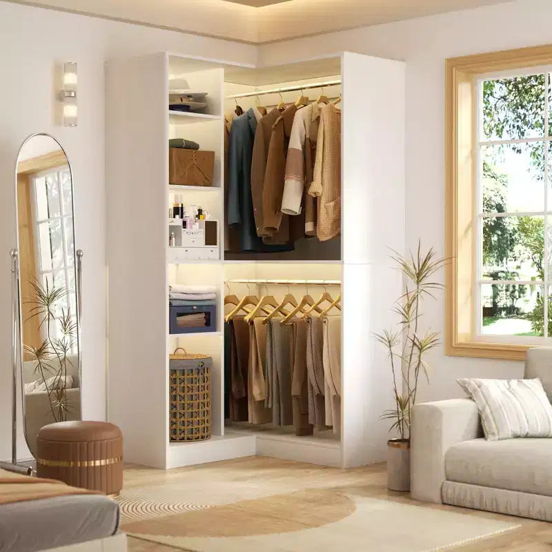 Freestanding Corner Closet Organizer with Tower Shelves and Dual Hanging Rods, Space-Saving