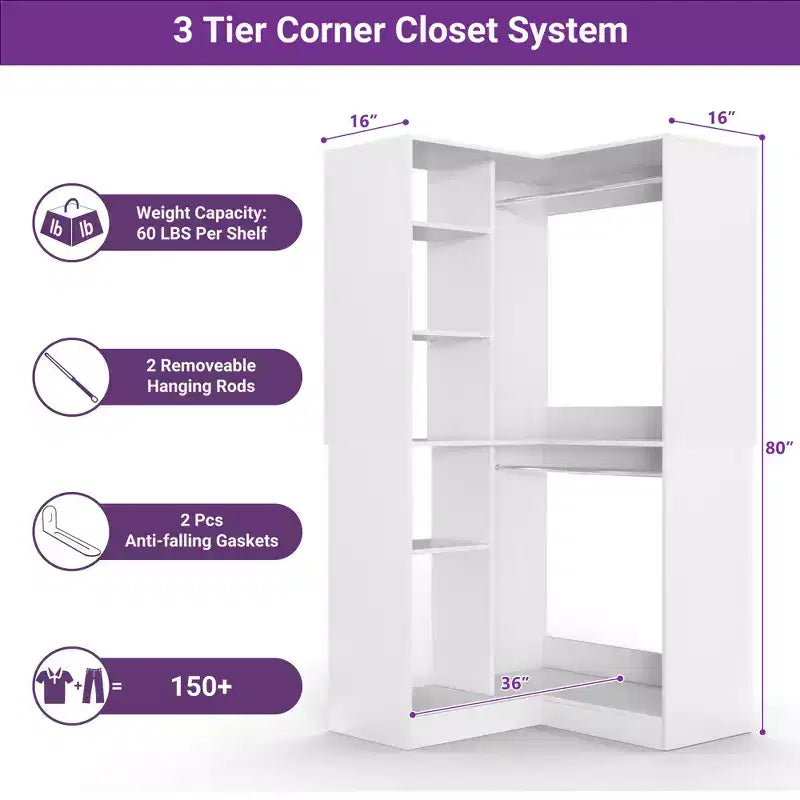 Freestanding Corner Closet Organizer with Tower Shelves and Dual Hanging Rods, Space-Saving