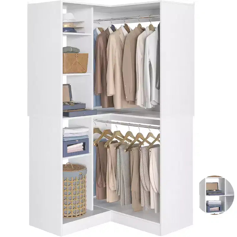 Freestanding Corner Closet Organizer with Tower Shelves and Dual Hanging Rods, Space-Saving