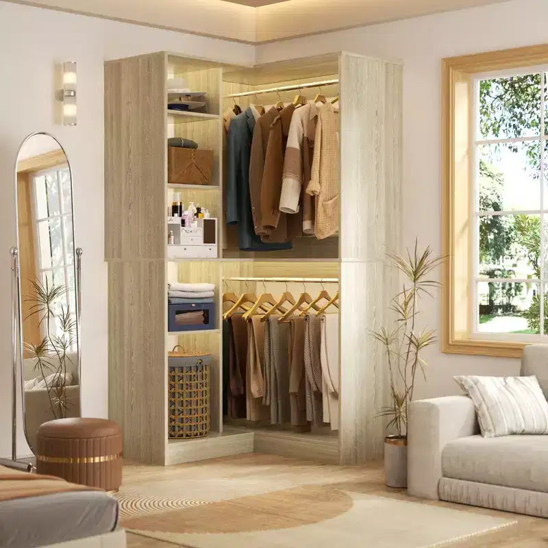 Freestanding Corner Closet Organizer with Tower Shelves and Dual Hanging Rods, Space-Saving