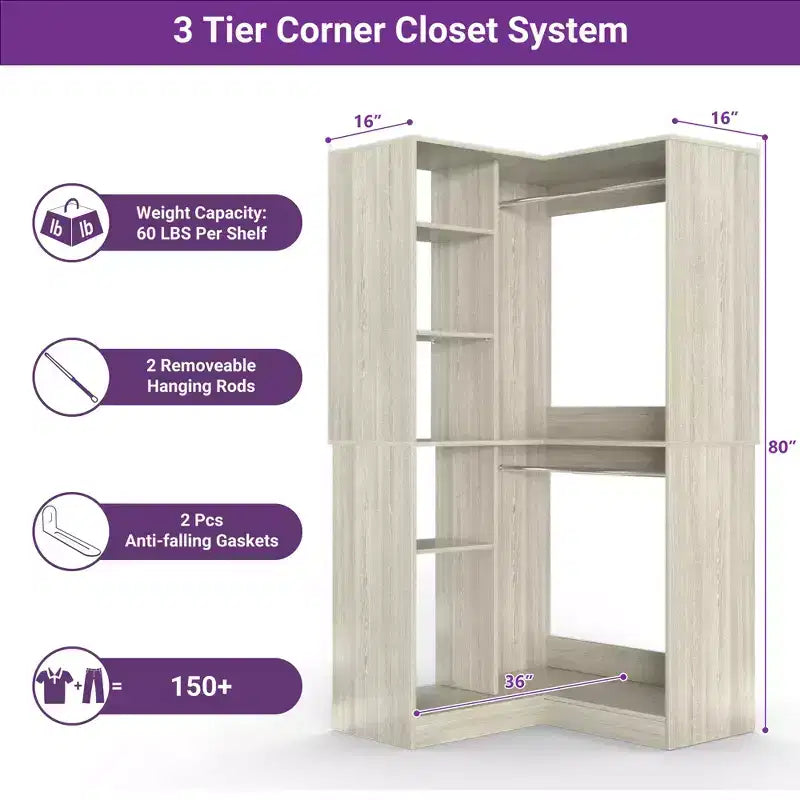 Freestanding Corner Closet Organizer with Tower Shelves and Dual Hanging Rods, Space-Saving