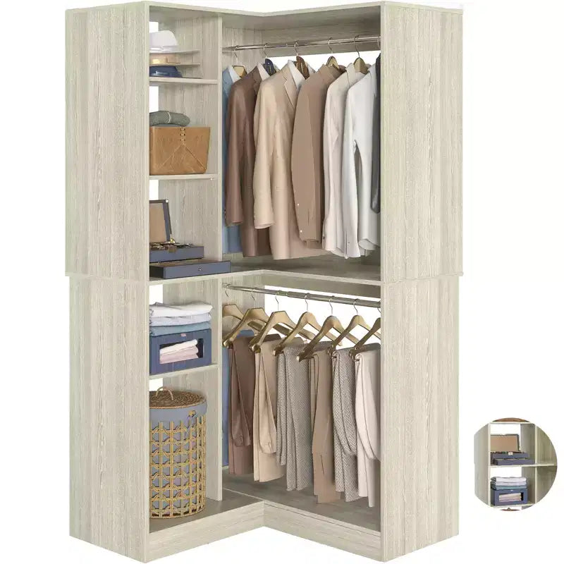 Freestanding Corner Closet Organizer with Tower Shelves and Dual Hanging Rods, Space-Saving