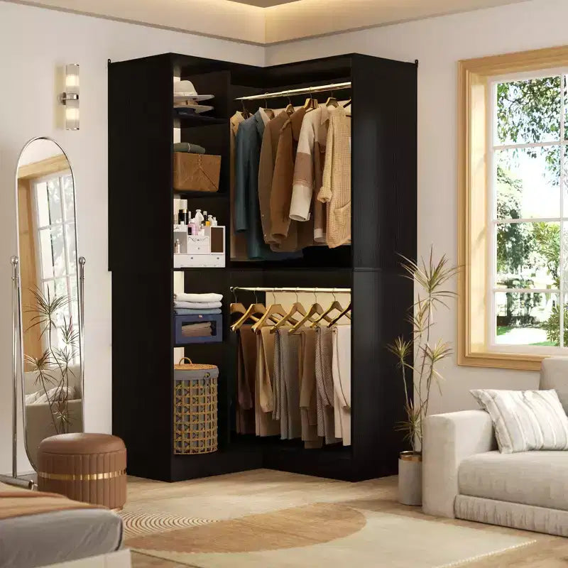 Freestanding Corner Closet Organizer with Tower Shelves and Dual Hanging Rods, Space-Saving