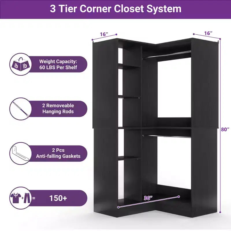 Freestanding Corner Closet Organizer with Tower Shelves and Dual Hanging Rods, Space-Saving