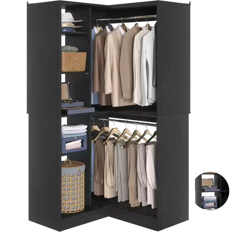 Freestanding Corner Closet Organizer with Tower Shelves and Dual Hanging Rods, Space-Saving