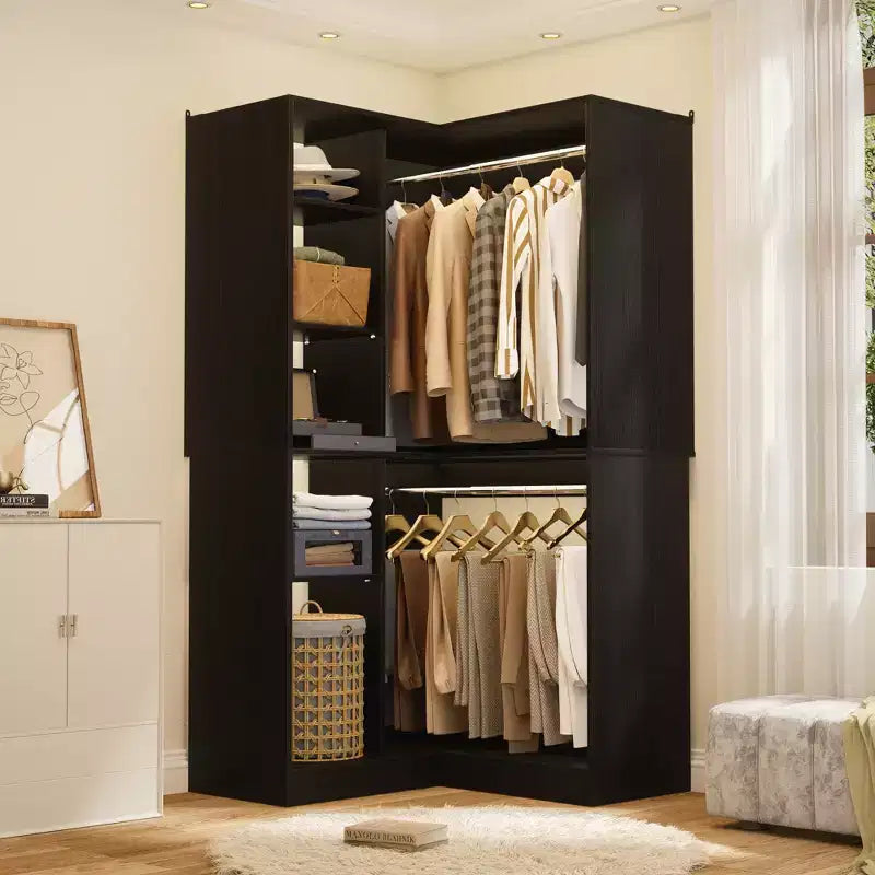 Freestanding Corner Closet Organizer with Tower Shelves and Dual Hanging Rods, Space-Saving