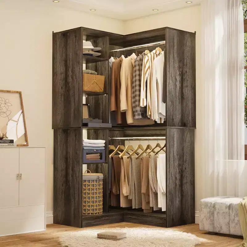 Freestanding Corner Closet Organizer with Tower Shelves and Dual Hanging Rods, Space-Saving
