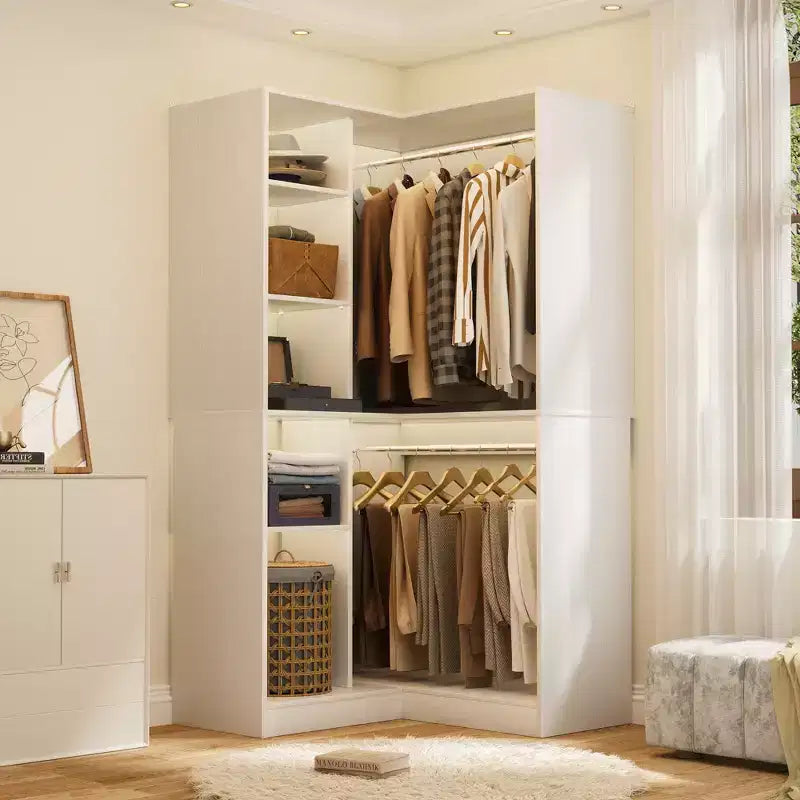 Freestanding Corner Closet Organizer with Tower Shelves and Dual Hanging Rods, Space-Saving
