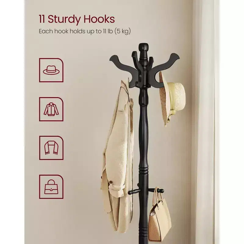 Solid Wood Freestanding Coat Stand with 11 Hooks and Triple Leg Base, 44 lb Capacity