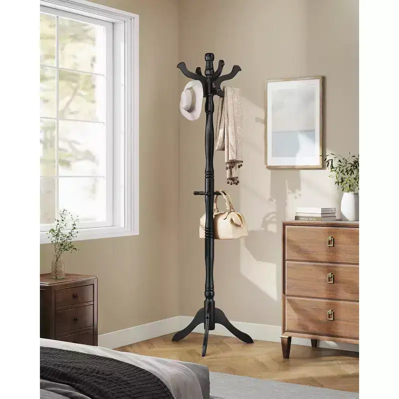 Solid Wood Freestanding Coat Stand with 11 Hooks and Triple Leg Base, 44 lb Capacity