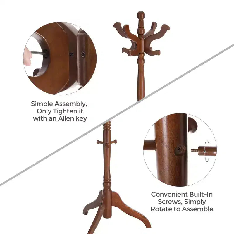 Solid Wood Freestanding Coat Stand with 11 Hooks and Triple Leg Base, 44 lb Capacity