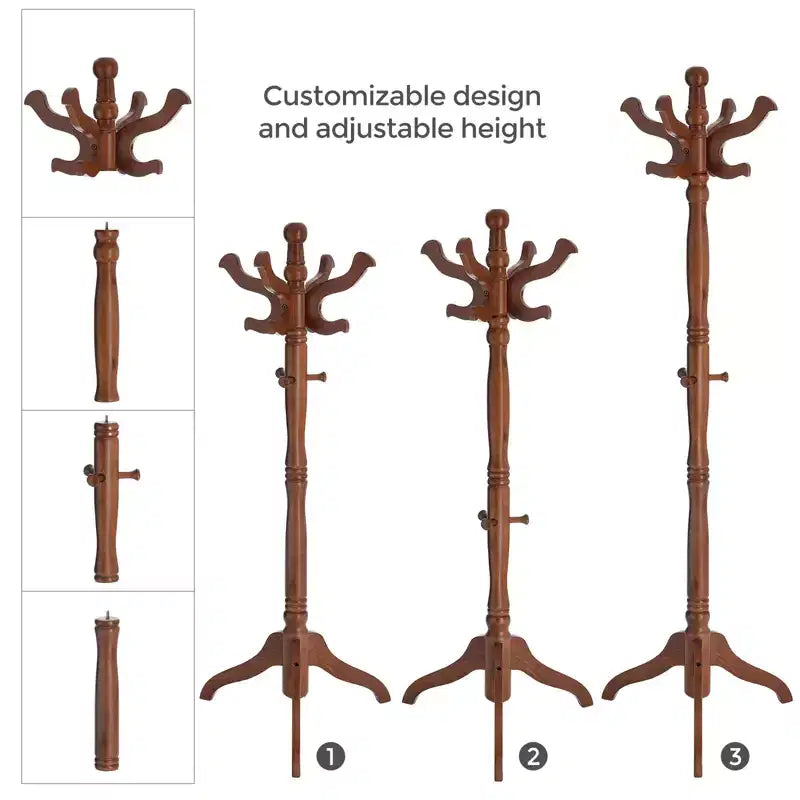 Solid Wood Freestanding Coat Stand with 11 Hooks and Triple Leg Base, 44 lb Capacity