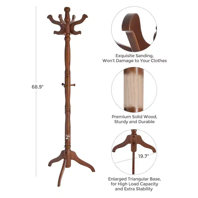 Solid Wood Freestanding Coat Stand with 11 Hooks and Triple Leg Base, 44 lb Capacity