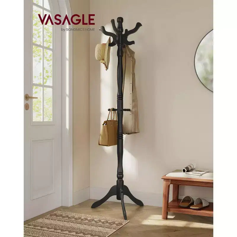 Solid Wood Freestanding Coat Stand with 11 Hooks and Triple Leg Base, 44 lb Capacity
