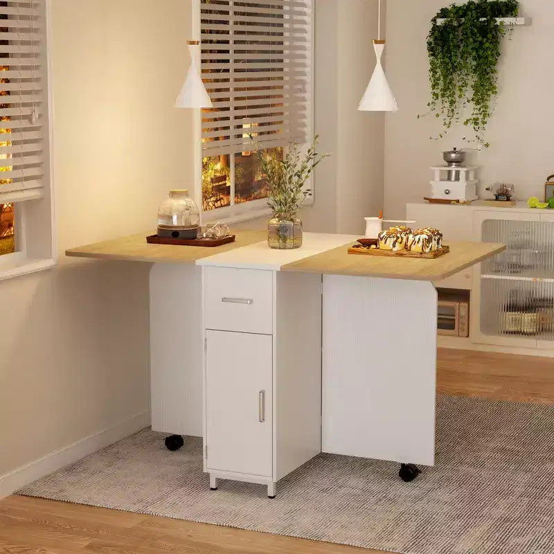 Folding Dining Table with Drawers, Cabinet and 2-Tier Shelf, Extendable to 51 Inch, Seats 4