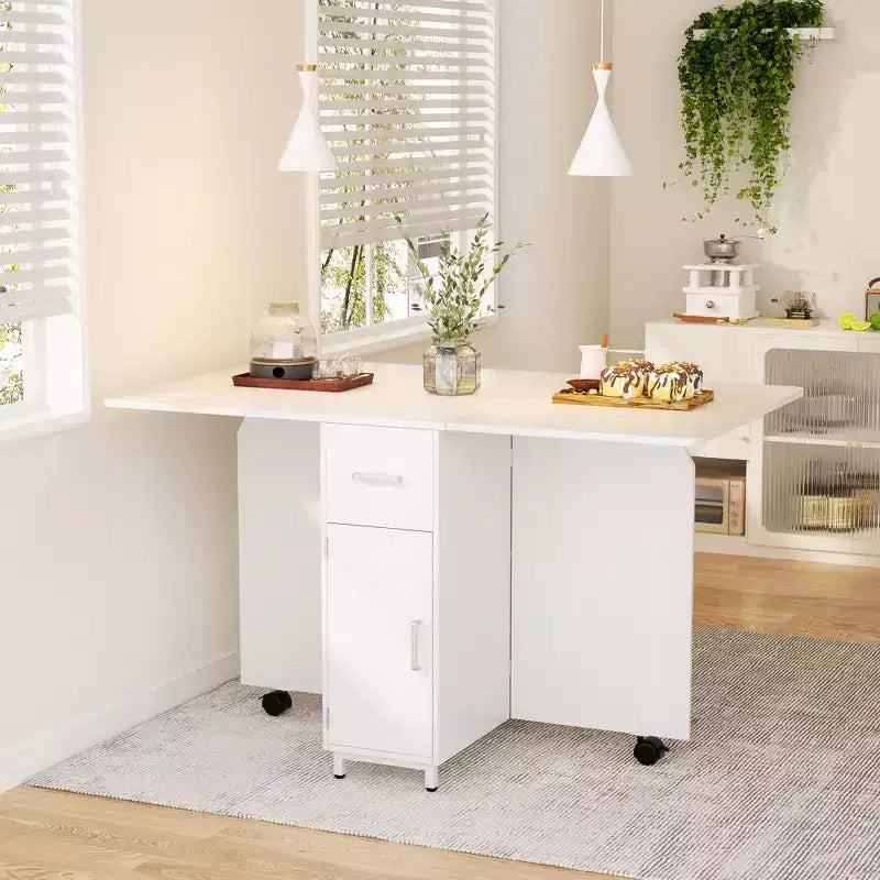 Folding Dining Table with Drawers, Cabinet and 2-Tier Shelf, Extendable to 51 Inch, Seats 4