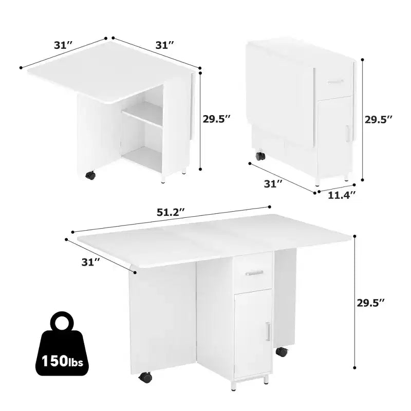 Folding Dining Table with Drawers, Cabinet and 2-Tier Shelf, Extendable to 51 Inch, Seats 4