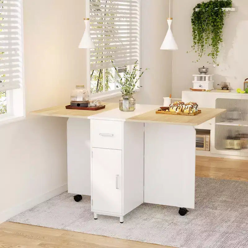 Folding Dining Table with Drawers, Cabinet and 2-Tier Shelf, Extendable to 51 Inch, Seats 4