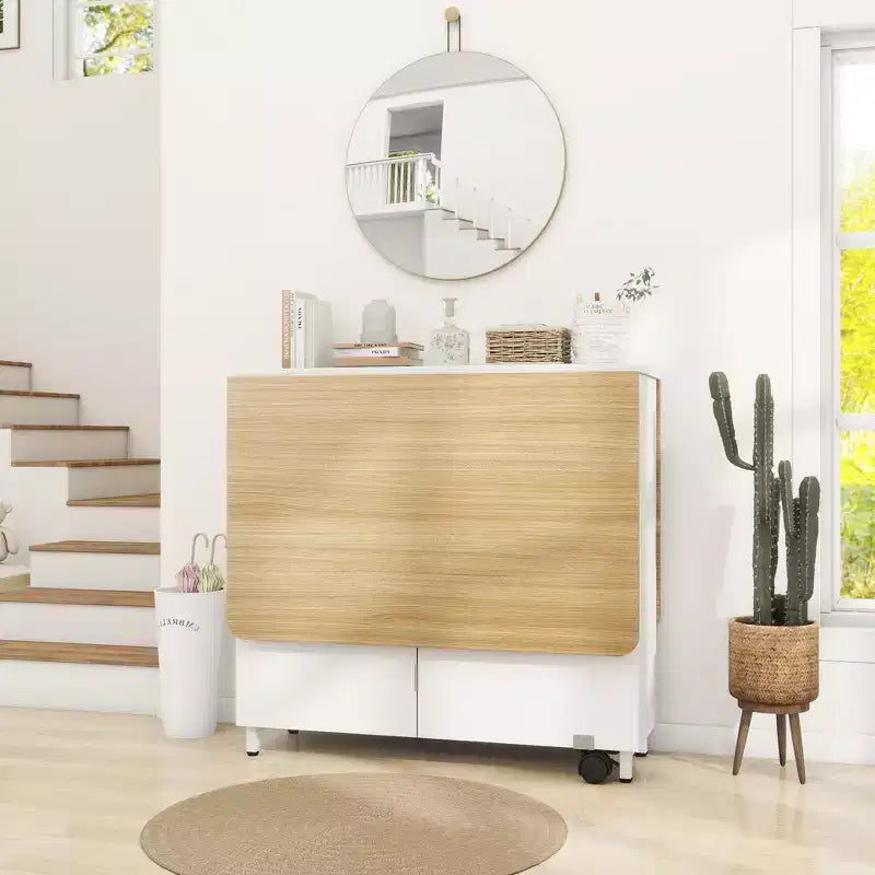 Folding Dining Table with Drawers, Cabinet and 2-Tier Shelf, Extendable to 51 Inch, Seats 4