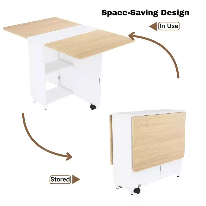Folding Dining Table with Drawers, Cabinet and 2-Tier Shelf, Extendable to 51 Inch, Seats 4