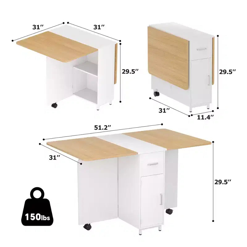 Folding Dining Table with Drawers, Cabinet and 2-Tier Shelf, Extendable to 51 Inch, Seats 4