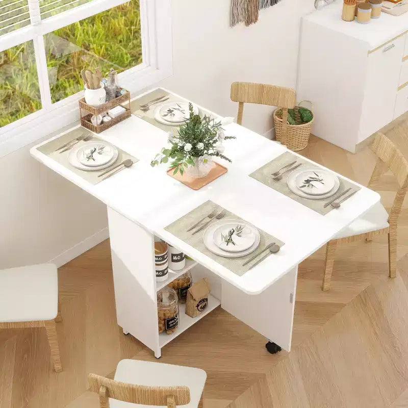 Folding Dining Table with Drawers, Cabinet and 2-Tier Shelf, Extendable to 51 Inch, Seats 4