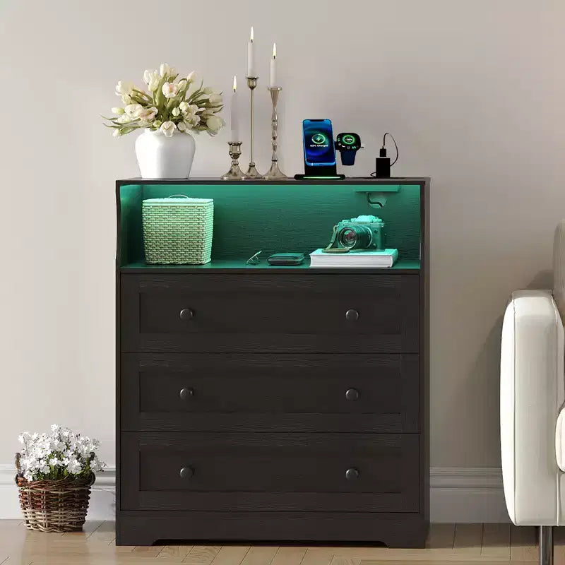 3-Drawer Narrow Dresser with Charging Station and Adjustable Lighting, Modular Wooden Chest