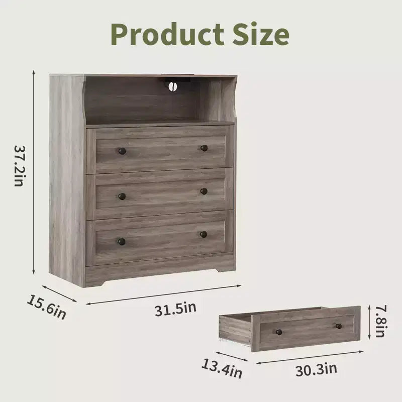 3-Drawer Narrow Dresser with Charging Station and Adjustable Lighting, Modular Wooden Chest