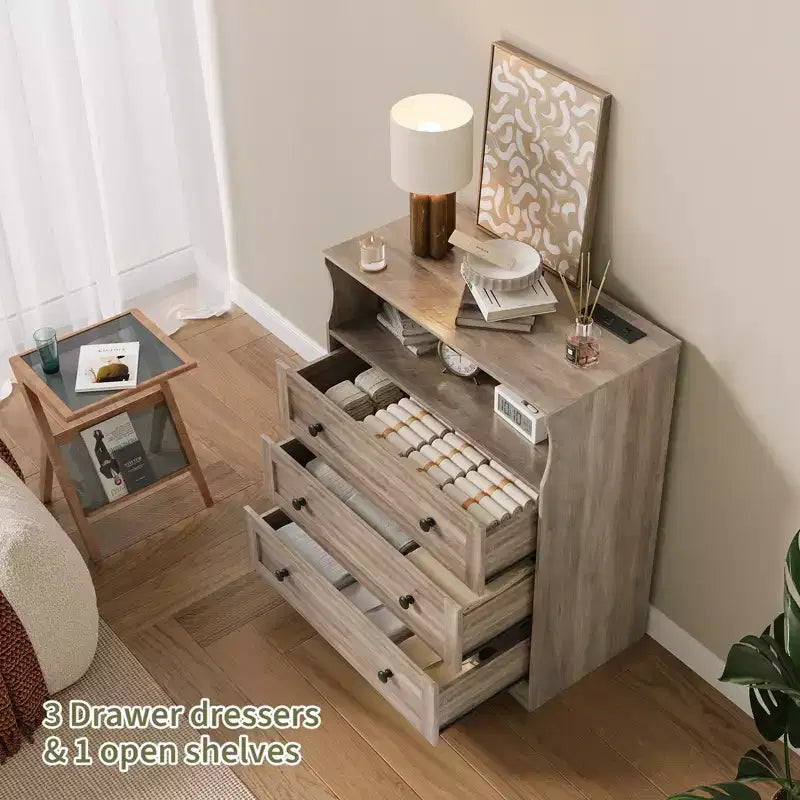 3-Drawer Narrow Dresser with Charging Station and Adjustable Lighting, Modular Wooden Chest