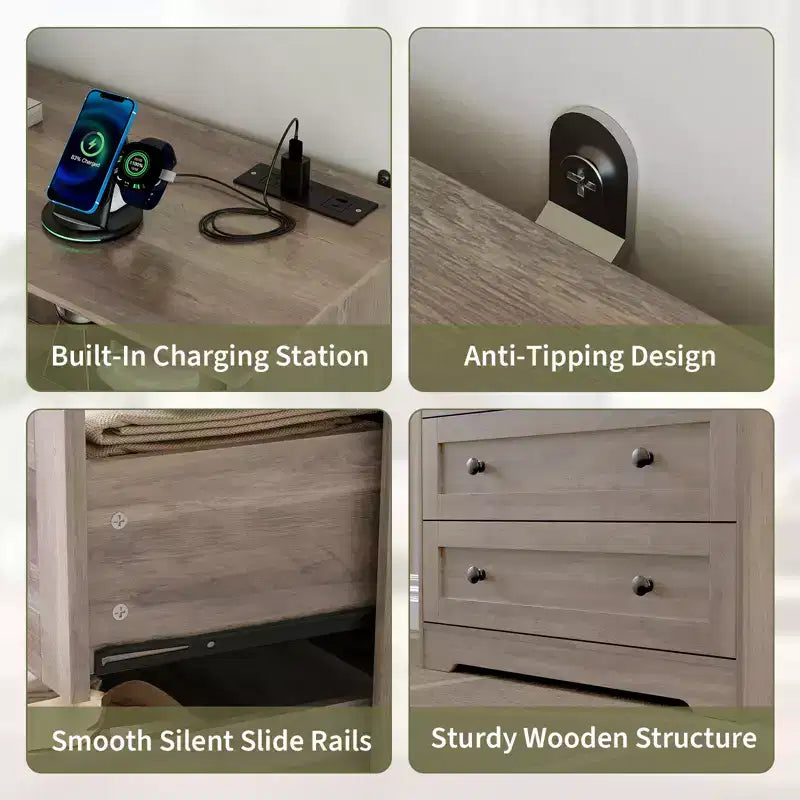 3-Drawer Narrow Dresser with Charging Station and Adjustable Lighting, Modular Wooden Chest