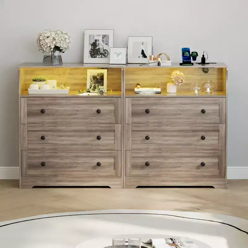 3-Drawer Narrow Dresser with Charging Station and Adjustable Lighting, Modular Wooden Chest