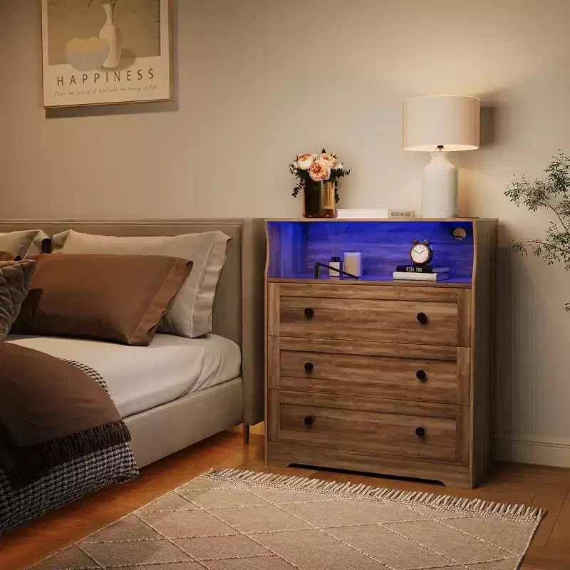 3-Drawer Narrow Dresser with Charging Station and Adjustable Lighting, Modular Wooden Chest