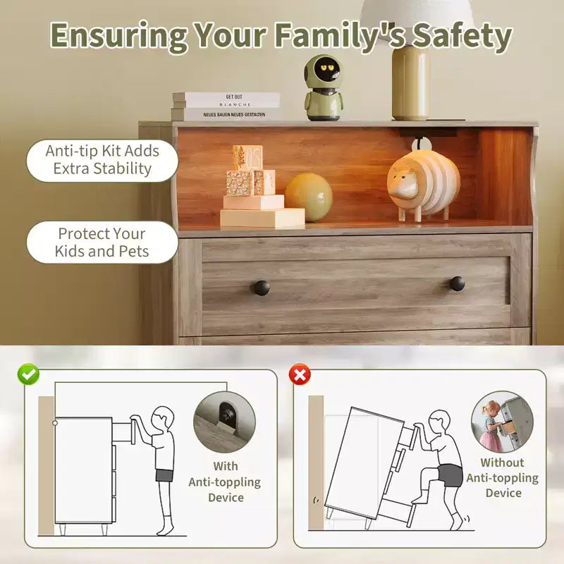 3-Drawer Narrow Dresser with Charging Station and Adjustable Lighting, Modular Wooden Chest