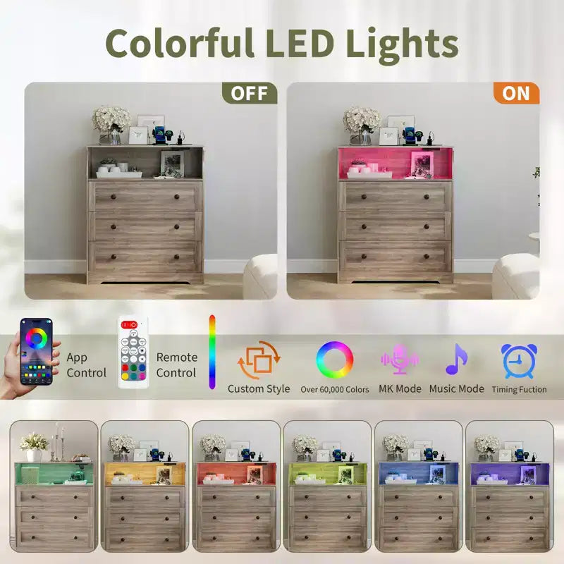 3-Drawer Narrow Dresser with Charging Station and Adjustable Lighting, Modular Wooden Chest