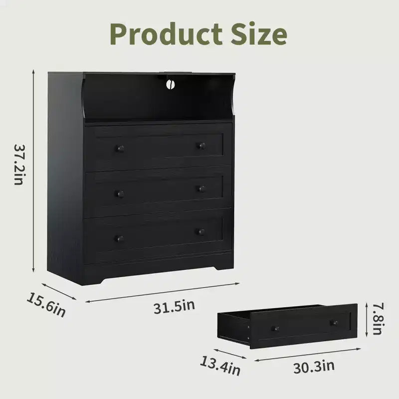 3-Drawer Narrow Dresser with Charging Station and Adjustable Lighting, Modular Wooden Chest