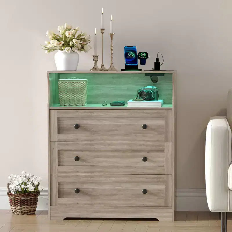 3-Drawer Narrow Dresser with Charging Station and Adjustable Lighting, Modular Wooden Chest
