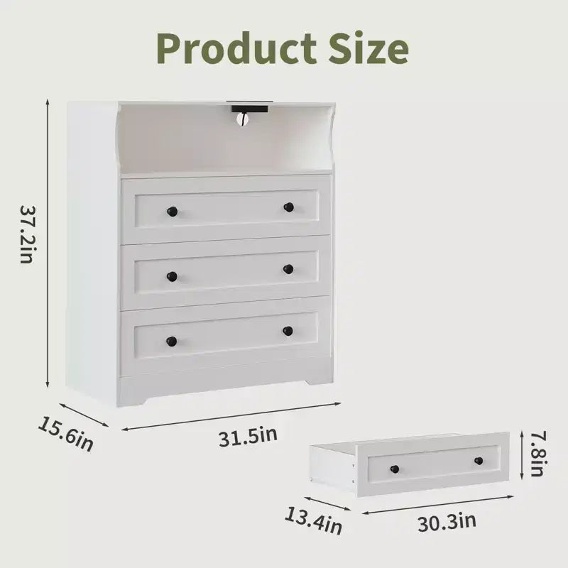 3-Drawer Narrow Dresser with Charging Station and Adjustable Lighting, Modular Wooden Chest